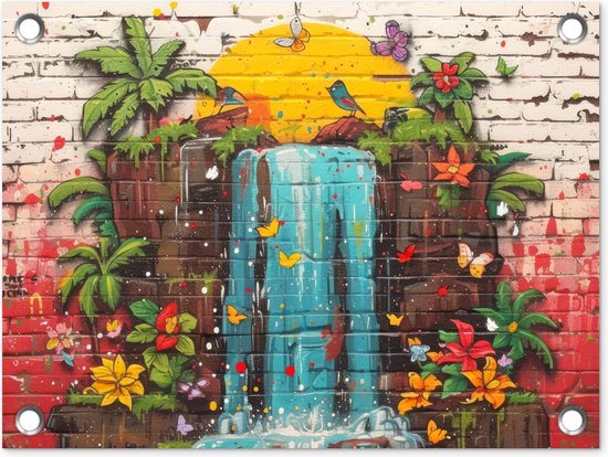 Tuin decoratie Graffiti - Waterval - Kleurrijk - Bloemen - Street art - 40x30 cm - Tuindoek - Buitenposter..