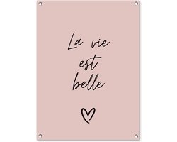 Tuinposter 60x80 cm - Tuindecoratie - Quote - La vie est belle - Roze - Tekst - Poster voor in de tuin - Buiten decoratie - Schutting tuinschilderij - Wanddecoratie