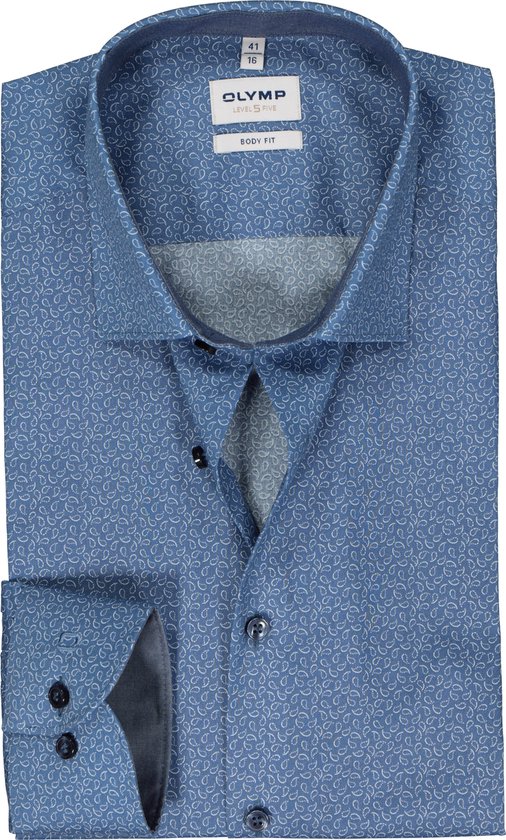 OLYMP Level 5 body fit overhemd - mouwlengte 7 - mouwlengte 7 - popeline - blauw met wit paisley dessin - Strijkvriendelijk - Boordmaat: 41