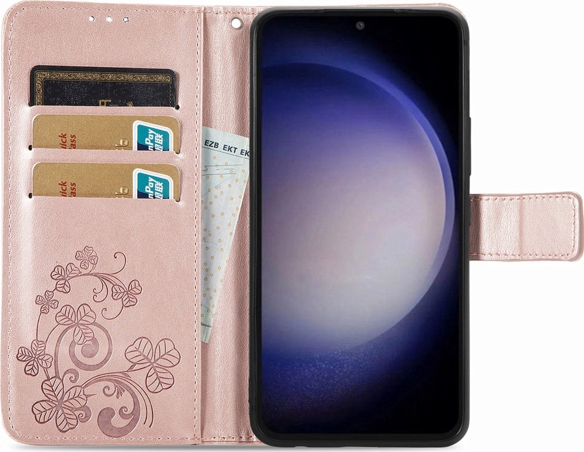 Mobigear Telefoonhoesje geschikt voor Samsung Galaxy S23 FE Hoesje | Mobigear Clover Bookcase Portemonnee | Pasjeshouder voor 3 Pasjes | Telefoonhoesje voor Pinpas / OV Kaart / Rijbewijs - Roségoud