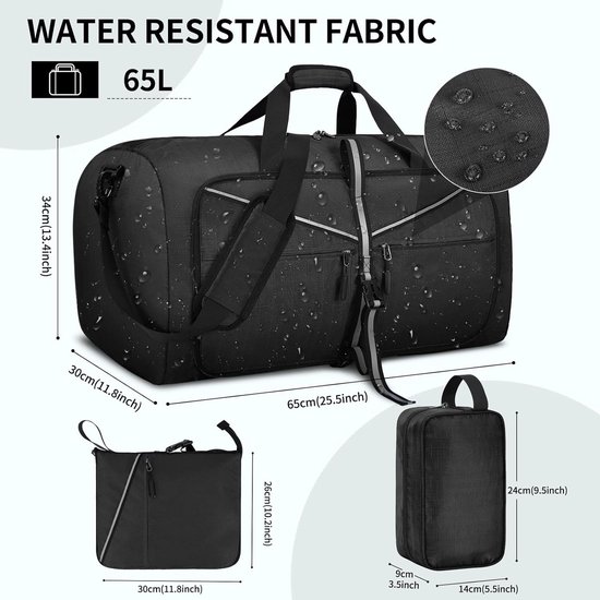 Reistas, opvouwbaar, 65 l, 80 l, 100 l, ultralicht, groot, sporttas, reistas, waterdicht, weekendtas met schoenenvak voor dames en heren, Grijs, 100L, Tas
