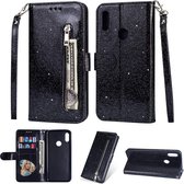 Portemonnee Hoesje - Wallet Case - Rits Sparkly Glitter - Telefoonhoes met Kord Geschikt voor: Samsung Galaxy A20s - Zwart
