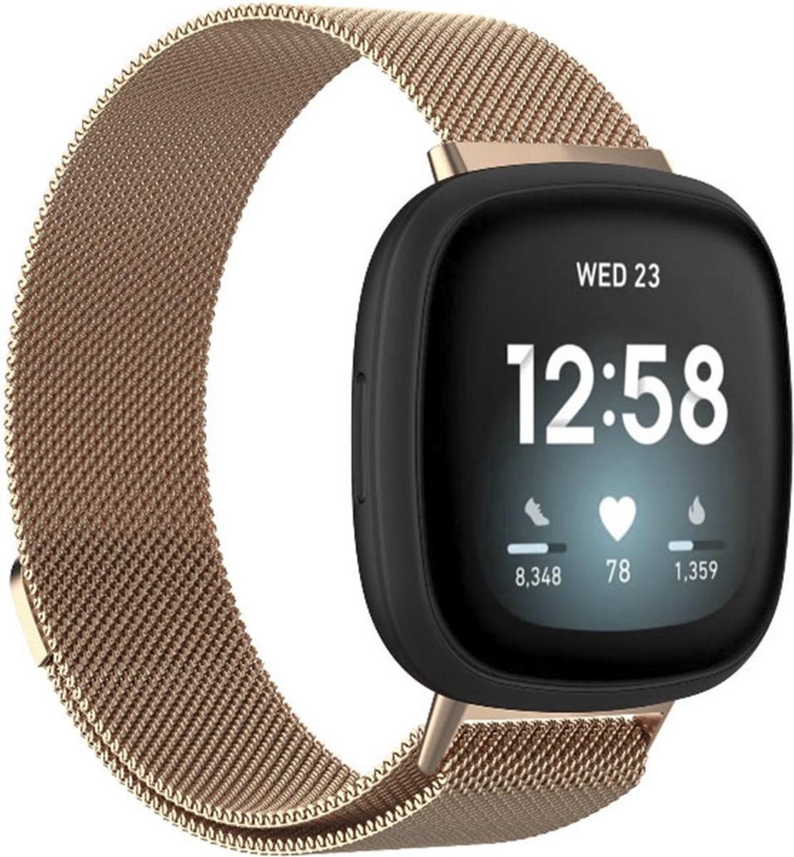 WoniQ Milanees Bandje Geschikt voor de Fitbit Versa 3 / Versa 4 / Sense 2 / Sense Bandje - Champagne Goud - met een stevige magneetsluiting gemaakt van RVS