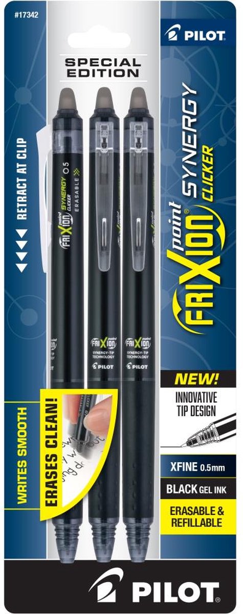 Pilot Frixion - 17342 - synergy clicker set van 3 zwarte pennen - 0.5 mm - hervulbaar
