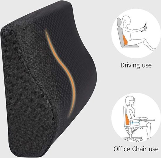 Lendenkussen voor in de auto, traagschuim, lendenkussen, ergonomisch kussen voor in de auto, bureaustoel, rolstoel (zwart)