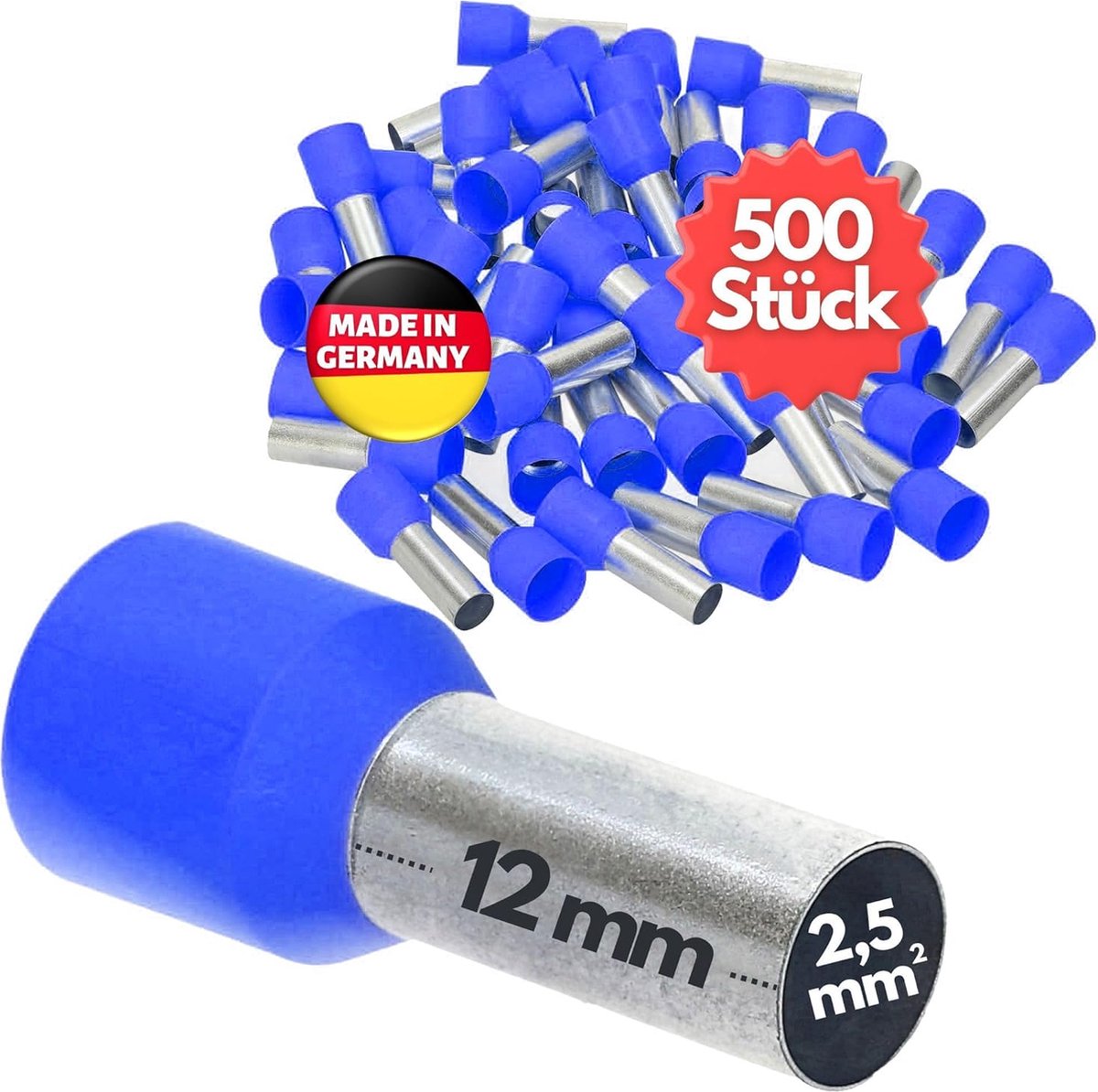 500 stuks Kalitec AE2512BL adereindhulzen geïsoleerd 2,5 mm² 12 mm lang blauw I Made in Germany I Industriële kwaliteit