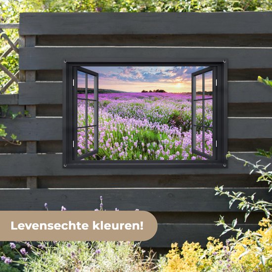Tuinposter 120x80 cm - Tuindecoratie Doorkijk - Bloemen - Landschap - Raam - Poster voor in de tuin - Buiten decoratie - Schutting tuinschilderij - Tuindoek muurdecoratie - Wanddecoratie balkondoek