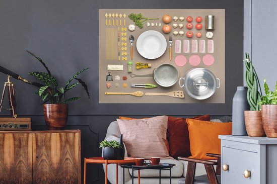 Sticker Muursticker Flat Lay Food - Table avec accessoires de cuisine - 120x90 cm - film autocollant - sticker mural repositionnable