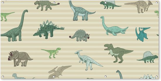 Wanddecoratie buiten Dinosaurus - Bruin - Groen - Jongens - Meisjes - Kinderen - 160x80 cm - Tuindoek - Buitenposter