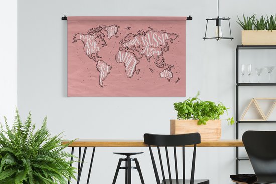 Tapisserie - Tapisserie - Carte du Wereldkaart - Rose - Lettres - 150x100 cm - Tapisserie