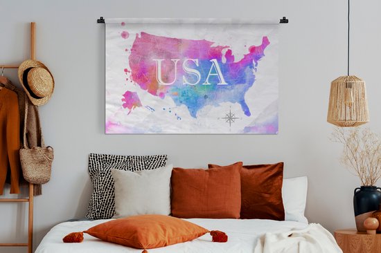 Wandkleed - Wanddoek - Wereldkaart - Waterverf - Verenigde Staten - 150x100 cm - Wandtapijt