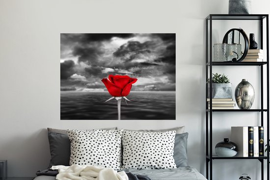Sticker Muursticker Rouge noir blanc - Photo Zwart et blanc de rose rouge, contre mer et ciel nuageux - 120x90 cm - film adhésif autocollant - sticker mural repositionnable