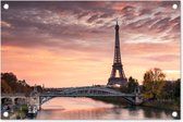 Tuindecoratie Parijs - Eiffeltoren - Brug - 60x40 cm - Tuinposter - Tuindoek - Buitenposter
