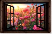 Tuinposter doorkijk bloemen - Donkerbruin raam - Tuindecoratie roze rozen - 180x120 cm - Poster voor in de tuin - Buiten decoratie - Schutting tuinschilderij - Tuindoek muurdecoratie - Wanddecoratie balkondoek