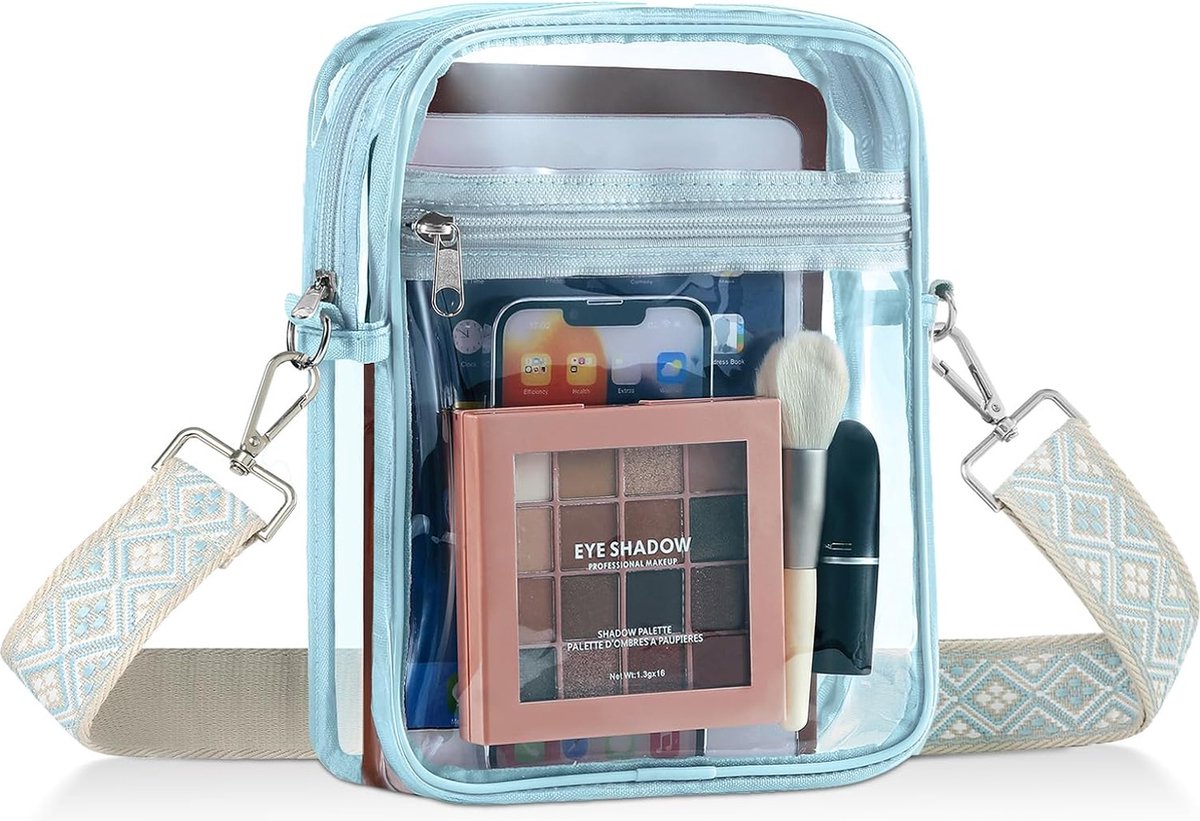draagtas, toegestaan statief, transparante brede tas, transparante crossbody schoudertas met verstelbare riem voor werk, sport, games, concerten, Hemelsblauw - 16,5 x 7 x