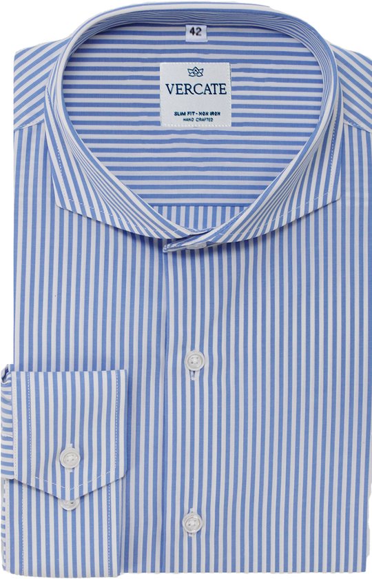 Vercate - Strijkvrij Overhemd - Blauw Wit - Lichtblauw gestreept - Slim Fit - Poplin Katoen - Lange Mouw - Heren - Maat 44/XL