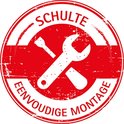 Sceau rond rouge 'Schulte Montage Facile' avec des outils.