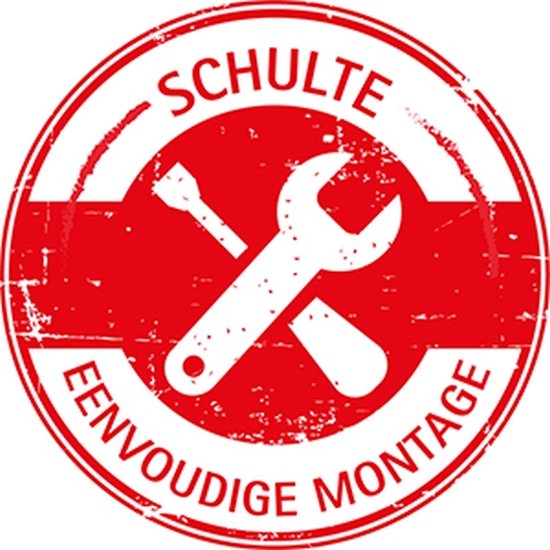 Sceau rond rouge 'Schulte Montage Facile' avec des outils.