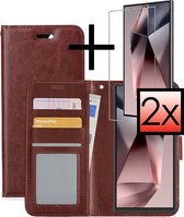Hoes Geschikt voor Samsung S24 Ultra Hoesje Book Case Hoes Flip Cover Wallet Bookcase Met 2x Screenprotector - Bruin