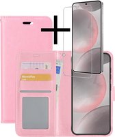 Hoes Geschikt voor Samsung S24 Hoesje Book Case Hoes Flip Cover Wallet Bookcase Met Screenprotector - Lichtroze