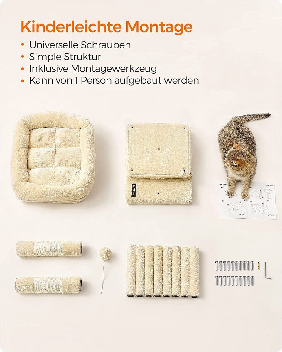 Feandrea Klimboom klein, 67 cm Kattenboom, Kattenhuis voor Kittens tot 3 kg, groot platform, Sisalstammen, rookgrijs PCT611G01