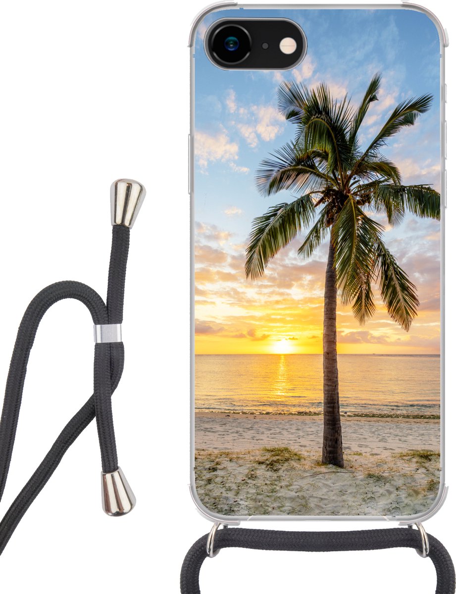 Telefoonhoesje Geschikt voor iPhone SE 2020 - Strand - Palmboom - Zonsondergang - Siliconen - Crossbody - Backcover met Koord - Telefoonhoesje met koord - Hoesje met touw Telefoonhoesje