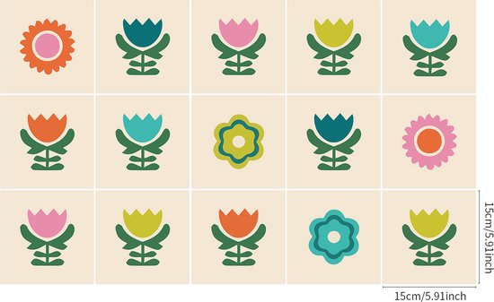 Ulticool Décoration carrelages Autocollant - Fleurs Vintage Rétro - 15x15 cm - 15 pièces Autocollants de Carrelage en Film Adhésif - Stickers Stickers muraux Carrelage Autocollant - Sticktiles - Salle de Bain - Cuisine