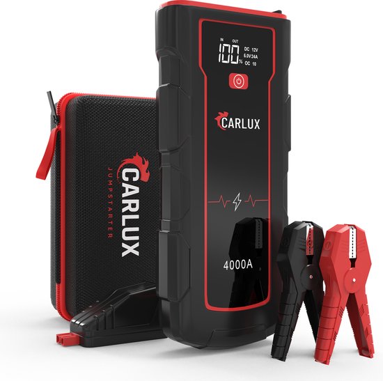 Foto: Carlux krachtige 12v jumpstarter 4000a 24 000 mah startkabels met powerbank starthulp voor auto s met led en sos noodlicht incl opbergcase