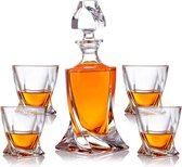 5-delige whiskyset karaf drinkglazen - geschenkset van glas - whiskykaraf 800 ml met 4 whiskyglazen 300 ml voor rum, scotch, cognac - mannencadeau - met geschenkdoos