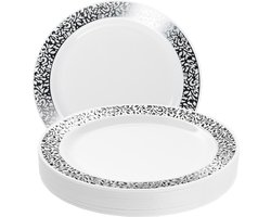 MATANA 20 Witte Plastic Borden met Zilveren Rand (26cm), Feestbordjes voor Bruiloften, Verjaardagen, Dopen, Kerstmis & Feesten - Stevig en Herbruikbaar