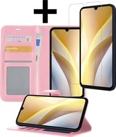Hoesje Geschikt voor Samsung A15 Hoesje Book Case Hoes Wallet Cover Met Screenprotector - Hoes Geschikt voor Samsung Galaxy A15 Hoesje Bookcase Hoes - Lichtroze