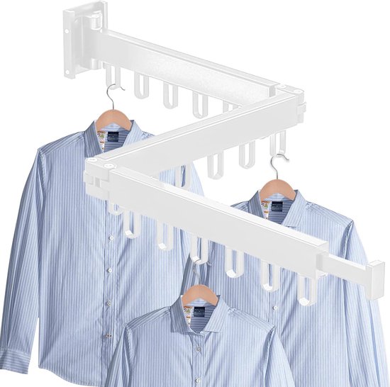 Intrekbaar kledingrek met 18 haken, 90 + 24 cm wandhouder, opvouwbaar kledingrek voor balkon, wasruimte, kast, keuken, badkamer, slaapkamer (wit)
