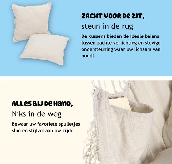 JAXY Hangstoel - Voor Binnen en Buiten - Inclusief Ophangsysteem - Hangnest - tot 150 kg - Incl. 2 Kussens en Boekenvak - Beige
