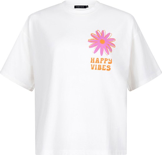 Ydence T-shirt Happy Vibes Tops & T-shirts Dames - Shirt - Gebroken wit - Maat S