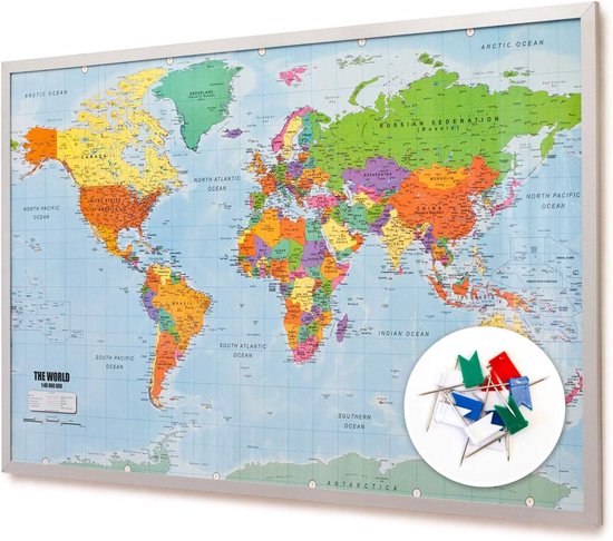 Prikbord, wereldkaart, XXL memobord van kurk met 20 markeervlaggetjes - Merkloos