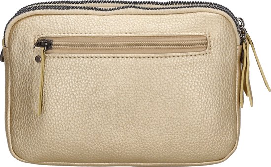 Achterkant van een gouden crossbodytas met ritsvak.