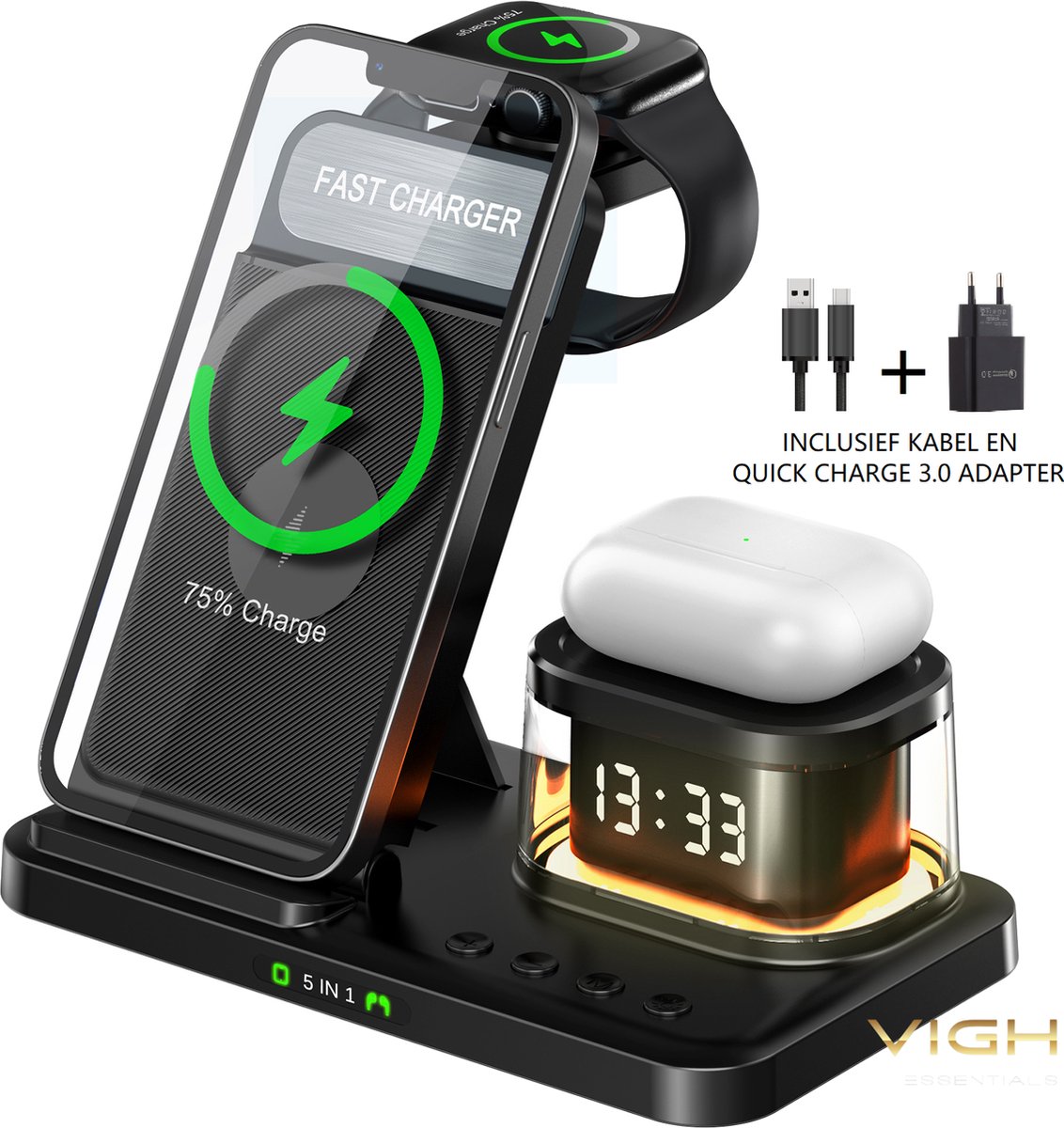 VIGH Essentials - 5-in-1 Draadloze oplader 22.5W snellader - Draadloos Qi Oplaadstation geschikt voor iPhone & Samsung, Apple Watch, AirPods - Met LED Klok & LED Lamp - inclusief kabel en Quick Charge 3.0 adapter - VIGH Essentials