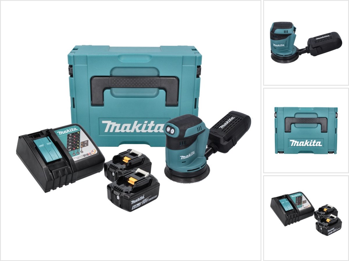 Makita DBO 180 RGJ accu excentrische schuurmachine 18 V 125 mm + 2x accu 6,0 Ah + oplader + Makpac