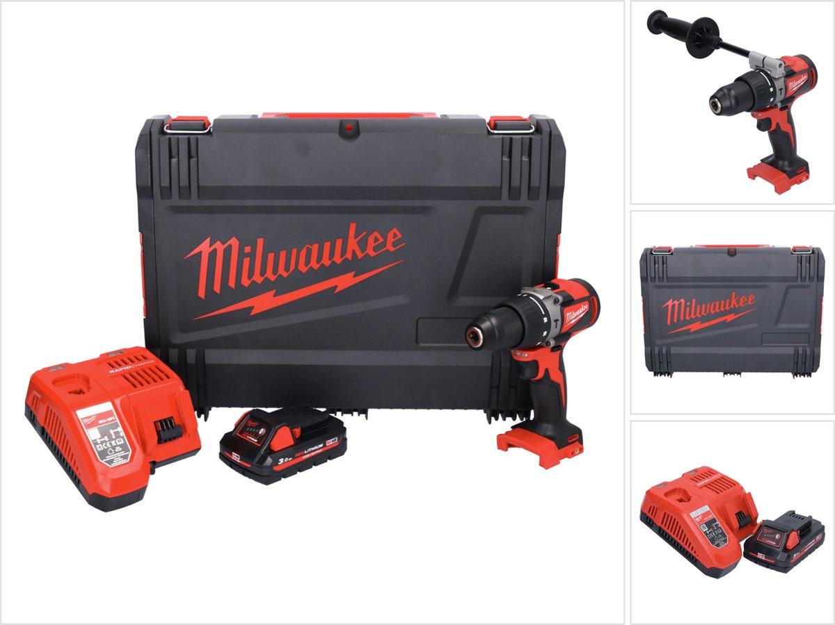Milwaukee M18 BLPD2-301X accu klopboormachine 18 V 82 Nm borstelloos + 1x oplaadbare accu 3.0 Ah + lader + HD doos