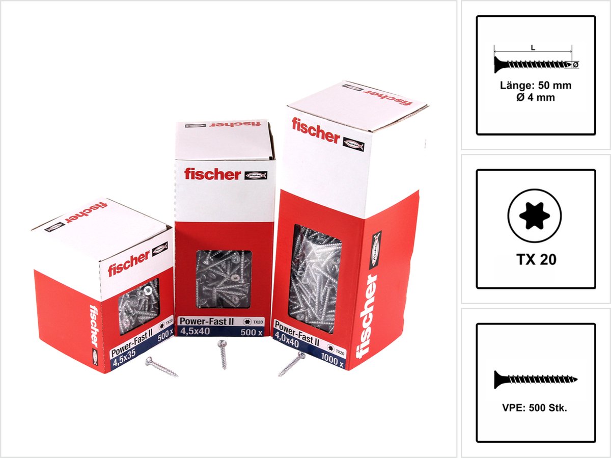 Fischer 500x Power-Fast II FPF II CTF 4 x 50 mm BC verzonken kop met binnenster TX20 volledig draad galvanisch verzinkt blauw gepassiveerd - 670163
