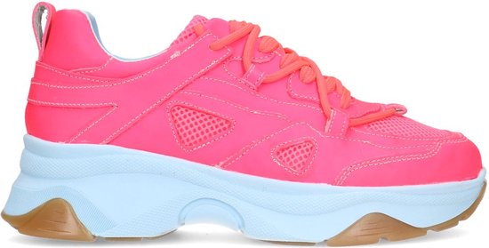 Sacha - Dames - Roze leren platform sneakers met lichtblauwe zool