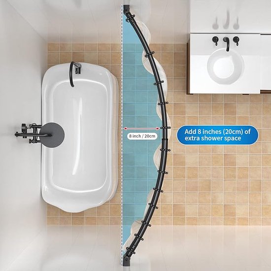 Douchestangstok L-vorm gebogen douchegordijn roede hanger hoek badkamer gebogen metalen bad gordijn houder, boor/geen boor anti-roest hoek gordijn rail staaf, blad (maat: B 70-95 cm x 90-130 cm