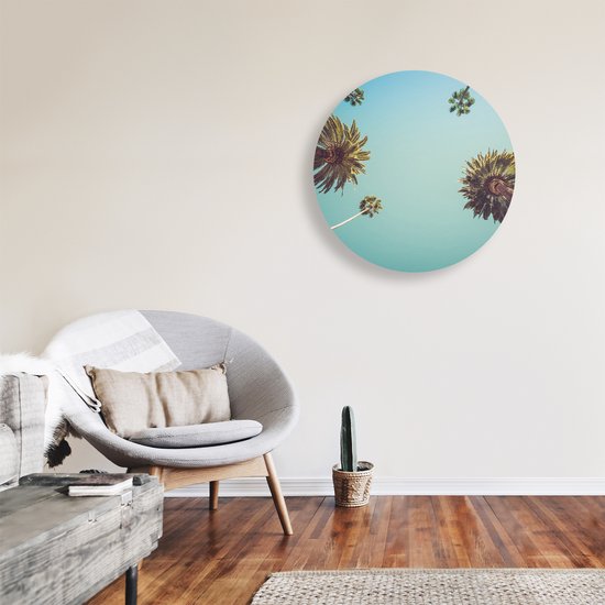 Artaza Forex Muurcirkel Palmbomen met Bladeren in de Lucht - 70x70 cm - Wandcirkel - Rond Schilderij - Wanddecoratie Cirkel - Muurdecoratie