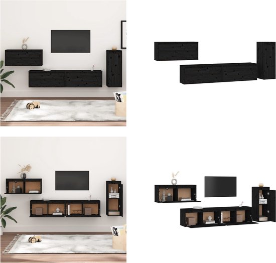 vidaXL Tv-meubelen 4 st massief grenenhout zwart - Tv-kast - Tv-kasten - Tv-meubel - Hifi-meubel