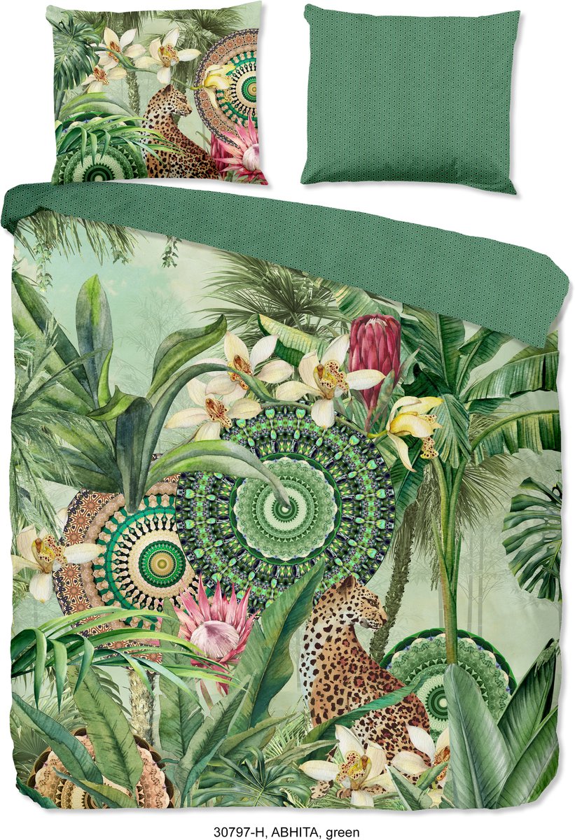 HIP dekbedovertrek tropische print en mandalas - Lits jumeaux 240x200/220 cm - Groen - 100% Katoen satijn