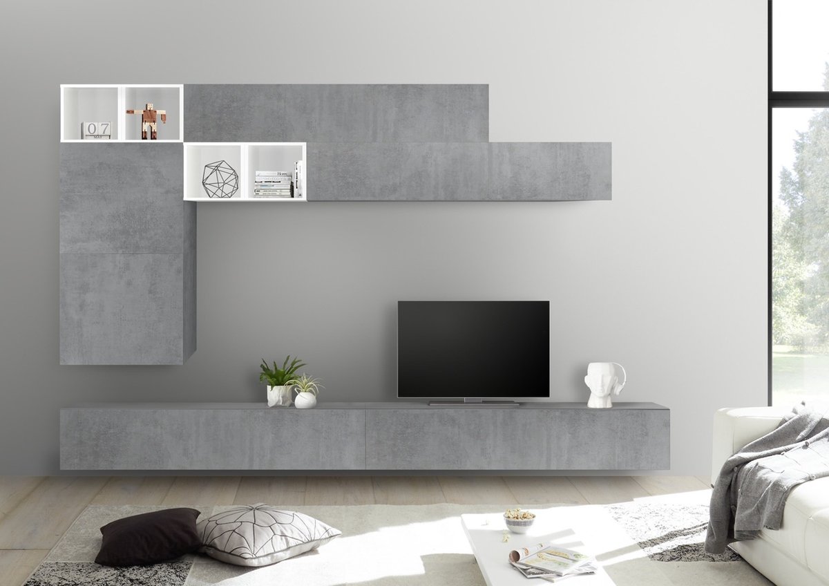 TV-wandmeubel Sako in hoogglans wit met grijs beton