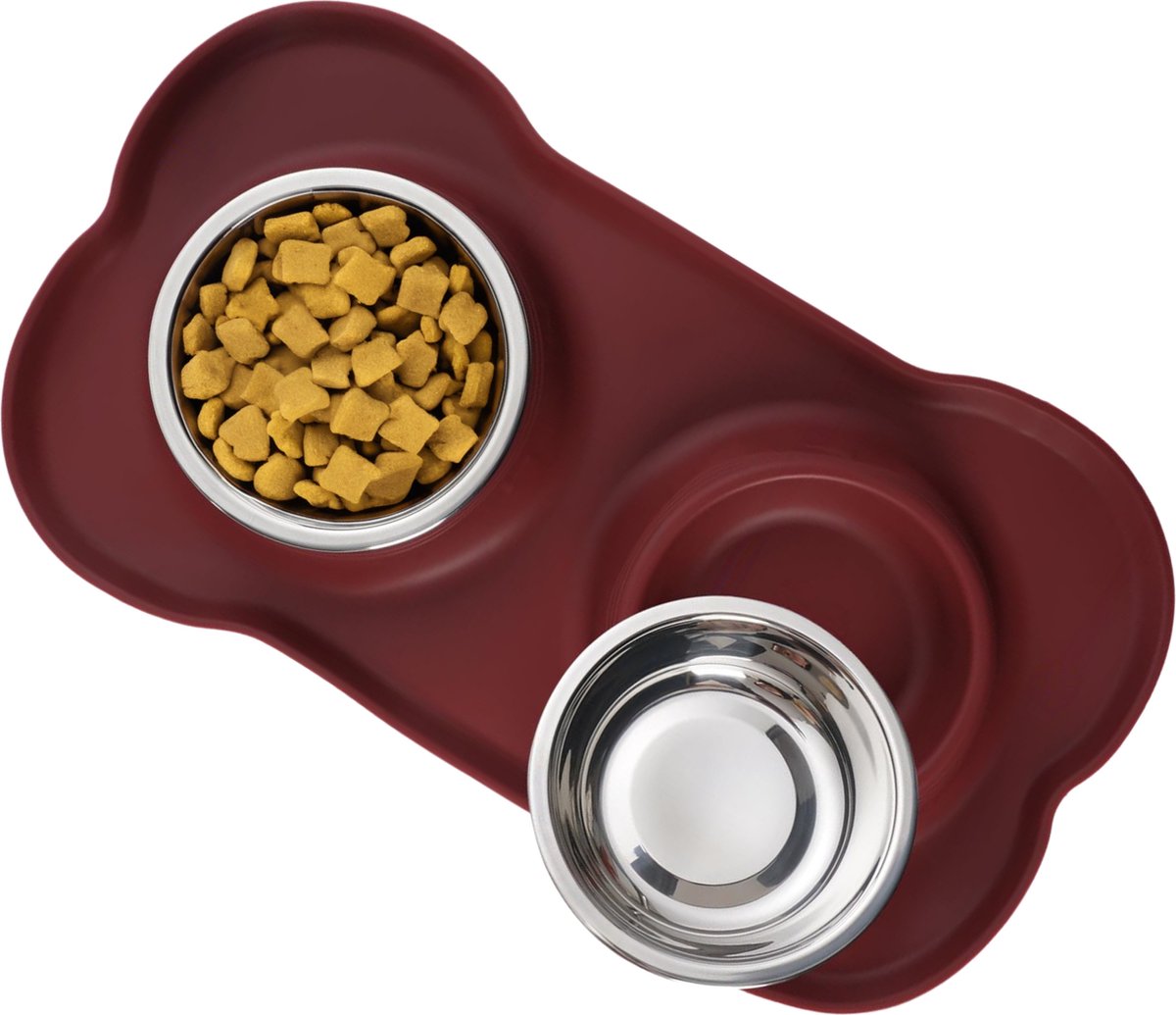 JAXY Voerbak Kat - Voerbak Hond - Voerbakken - Drinkbak - Voerbakjes Kat - Kattenvoerbakjes - RVS - Voedselveilig Siliconen - Wijn Rood - Maat M