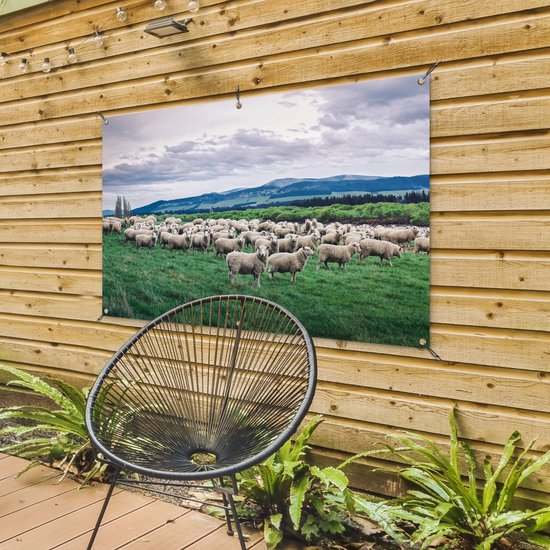 Tuinposter 120x80 cm - Tuindecoratie Schapen - Natuur - Gras - Poster voor in de tuin - Buiten decoratie - Schutting tuinschilderij - Tuindoek muurdecoratie - Wanddecoratie balkondoek