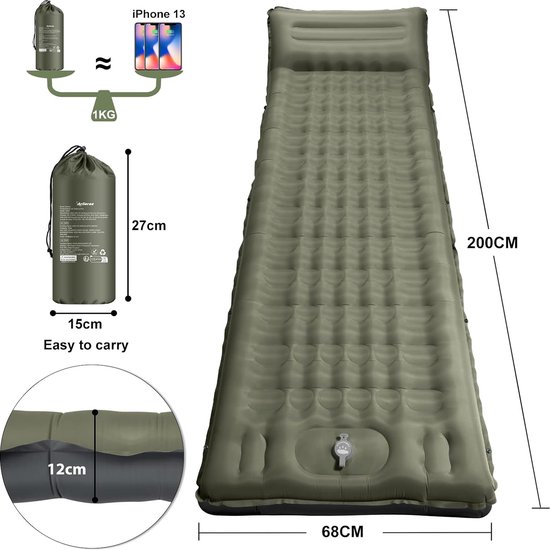 Isomat, opblaasbaar, 12 cm dik, luchtmatras, camping, ultralicht, met kussen, slaapmat, zelfopblazende slaapmat, kleine verpakkingsmaat, goede isolatie, waterdicht en opvouwbaar outdoor matras