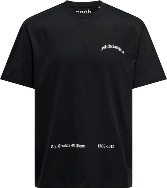 T shirt heren met print- Shirt- relax fit- Only & Sons- Zwart- Print- Korte mouwen- Ronde hals- Maat M